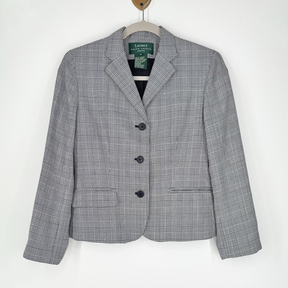 Lauren Ralph Lauren Wool Blend Black White 3 Button Blazer Womens Size 4 Petite